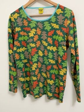 DUNS Sweden 100% Organic Cotton Leaves Shirt Long Sleeve Tee WOMENS. XL